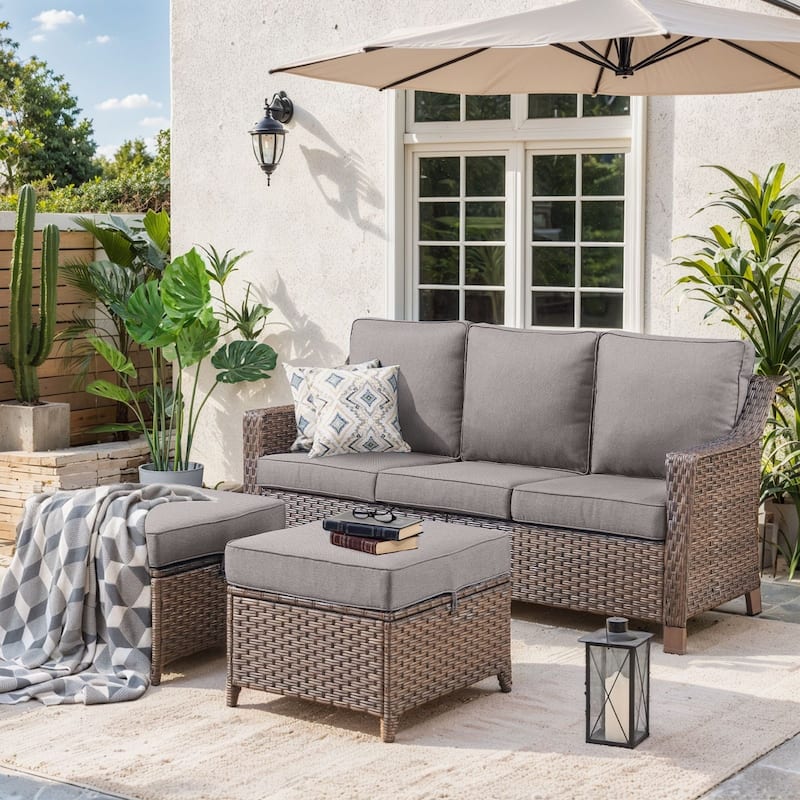 Outside Patio Sofa Chair Set with Cushions - Brwon Wicker Grey Cushion - 3PCS Sofa with Ottoman