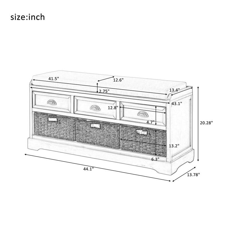 44 in. W Collection Wood Storage Bench with 3 Drawers and 3 Baskets