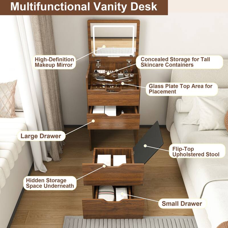 3-in-1 Vanity Desk with Lighted Mirror and Stool, Flip Top Makeup Dressing Table with Storage