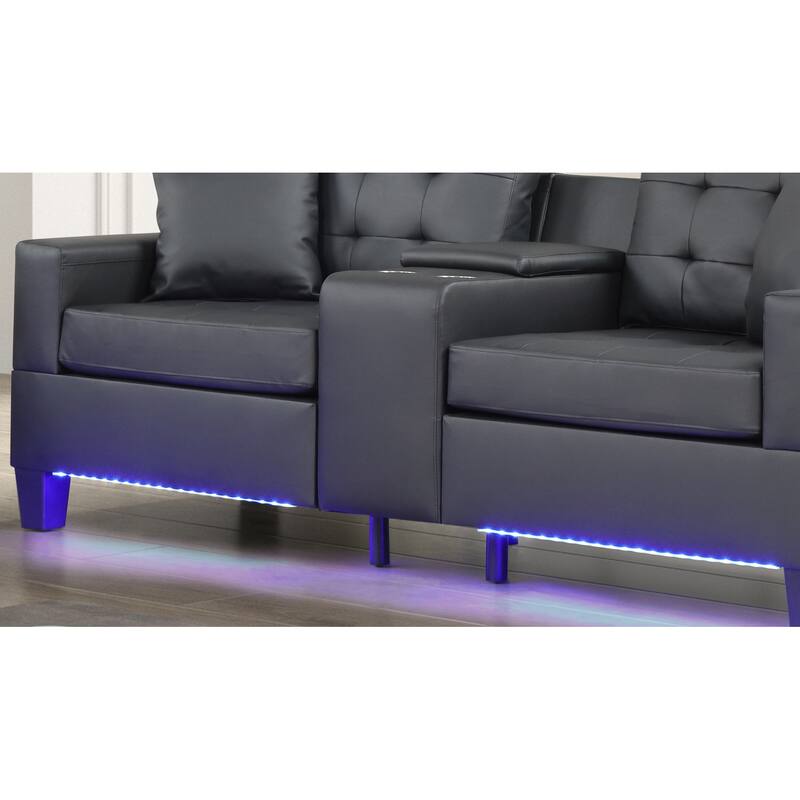 Tufted Sofa with LED Lighting, USB Ports, and Built-In Storage Console