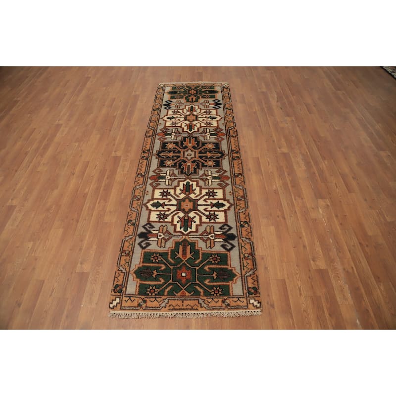 Hand Knotted Oriental 100% Wool Carpet Traditional Geometric Beige & Ivories Kazak Runner Rug - 7' 11'' X 2' 7''
