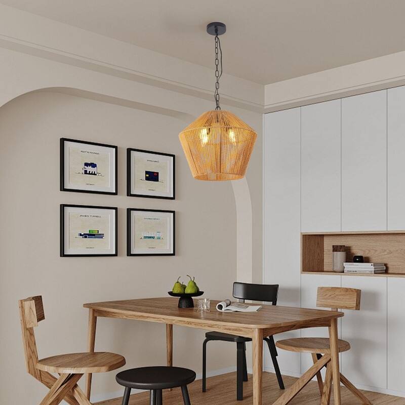 17" Handwoven Boho Pendant Light – Adjustable Natural Hemp Rope Fixture for Kitchens, Dining & Bedrooms (Bulb Not Included)‌