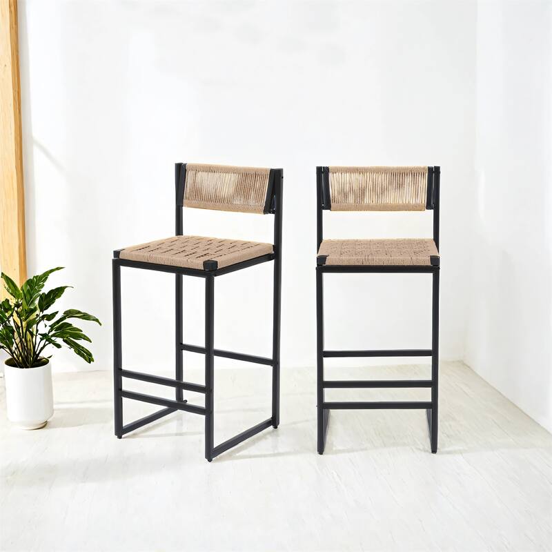 Set of 2 Kitchen Bar Stools with Footrest Paper Rope Weave Dining Chairs Counter Height Barstool