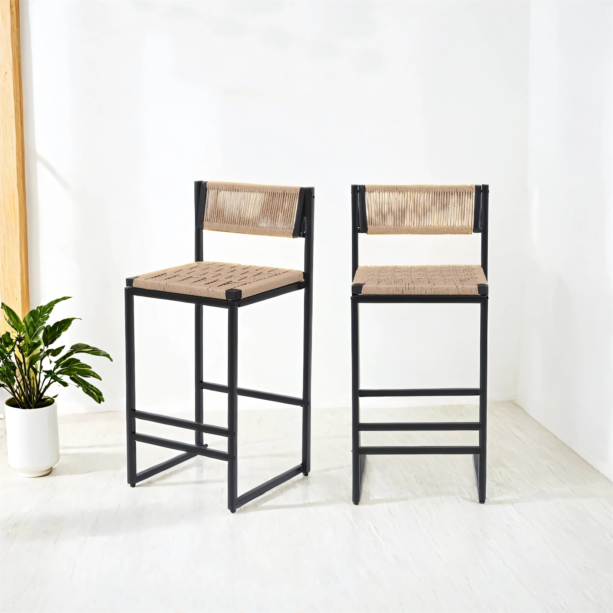 Set of 2 Kitchen Bar Stools with Footrest Paper Rope Weave Dining Chairs Counter Height Barstool