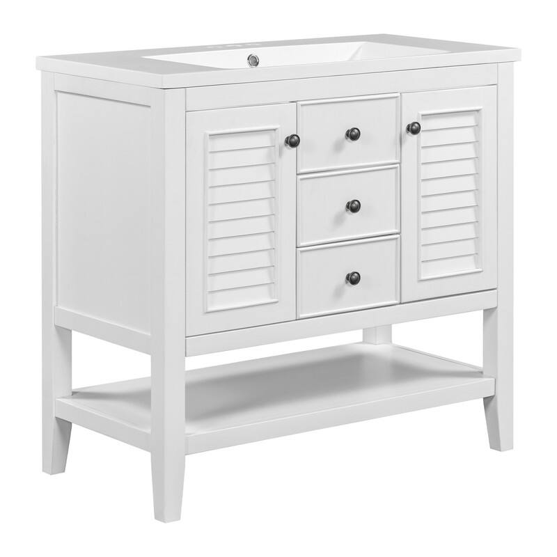 36" Bathroom Vanity with/without Sink, Bathroom Vanity Cabinet with 2 Cabinets and Drawers, Open Shelf, Solid Wood Frame
