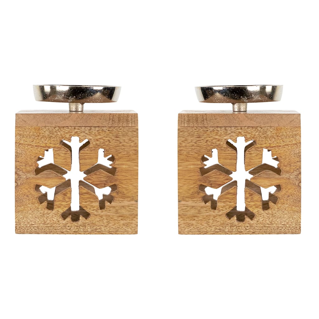 Snowflake Box Wooden Christmas Tealight Holders - 4.75" - Set of 2