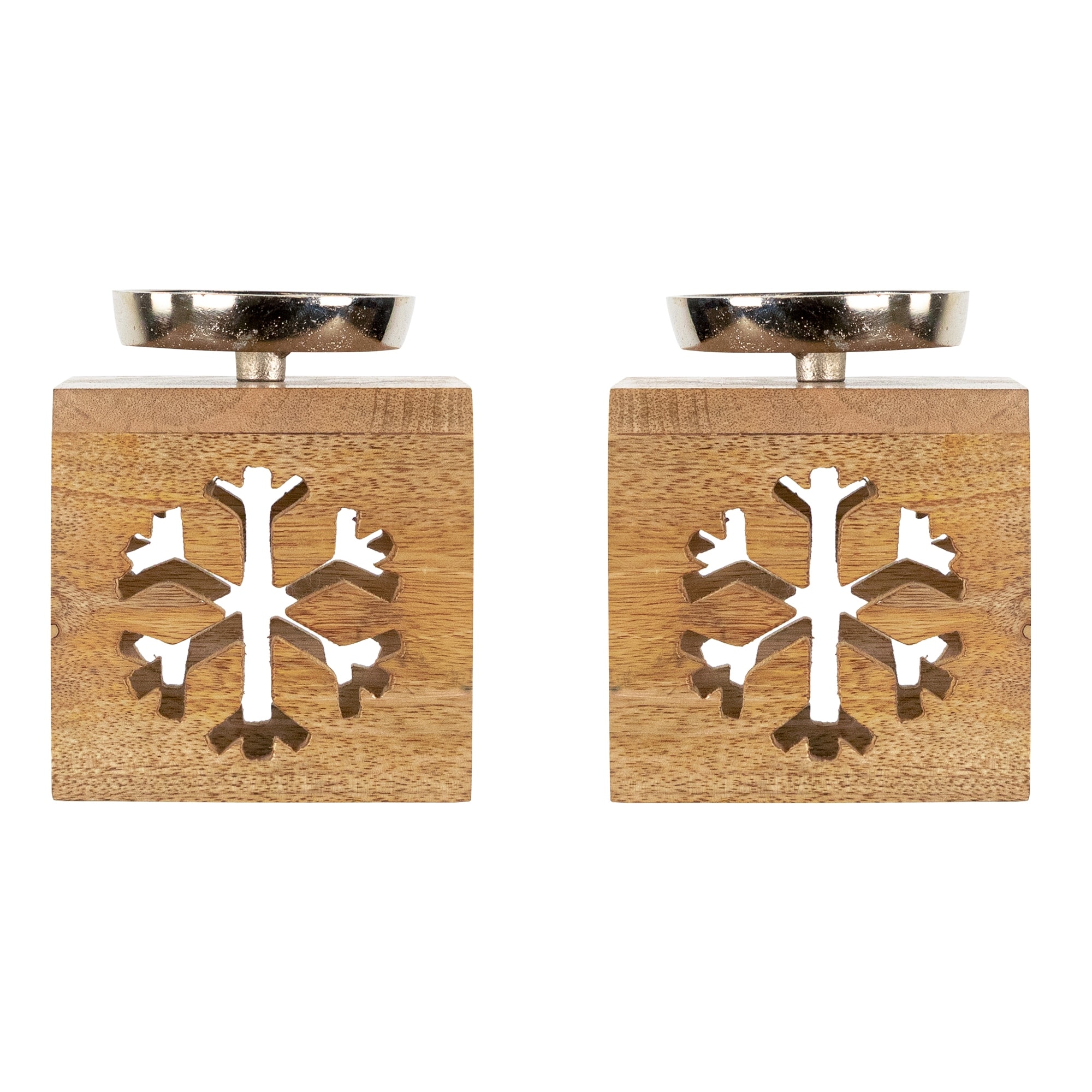 Snowflake Box Wooden Christmas Tealight Holders - 4.75" - Set of 2