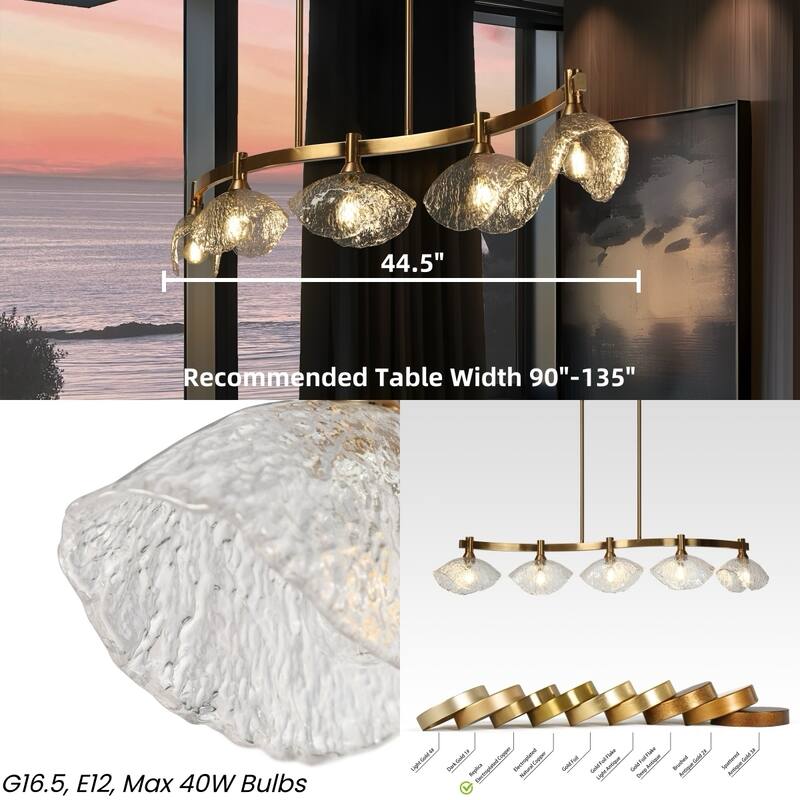 Modern Gold 5-Light Linear Chandelier Glass Island Pendant for Kitchen Island - 44.5" W x 7" H x 8.3" D