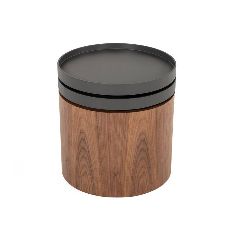 Cylindrical Wooden End Table with Swivel Tray Top, Brown and Black