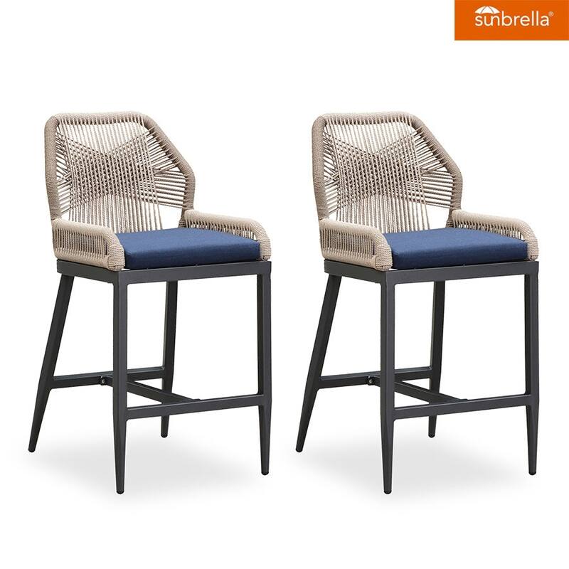 PURPLE LEAF Patio Sunbrella Bar Stools Set of 2 Handwoven Wicker Bar Height Stool Modern Aluminum High Bar Chairs - Drak Grey-Navy Blue(24.8'H)