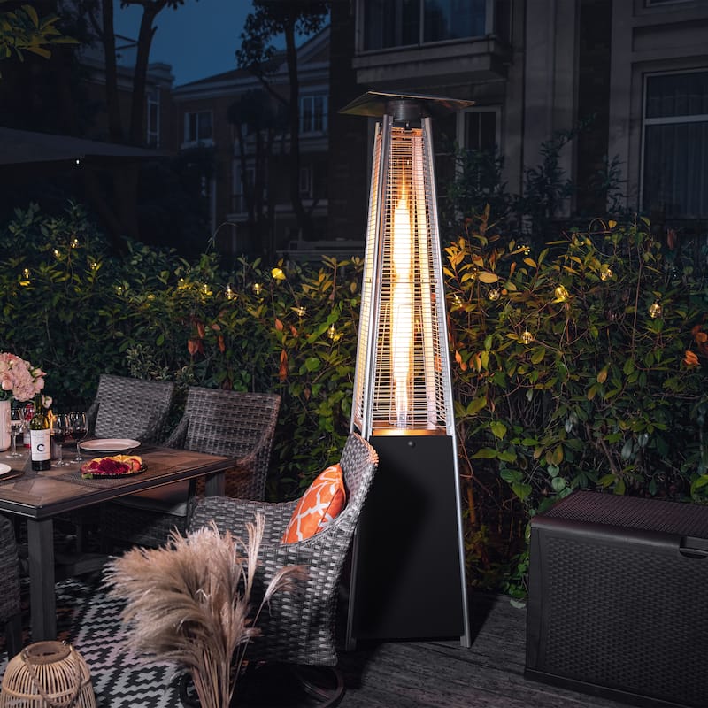 Outdoor 48,000 BTU Pyramid Propane Gas Patio Heater with Wheels, Glass Tube, Black - Silver/Grey/Black