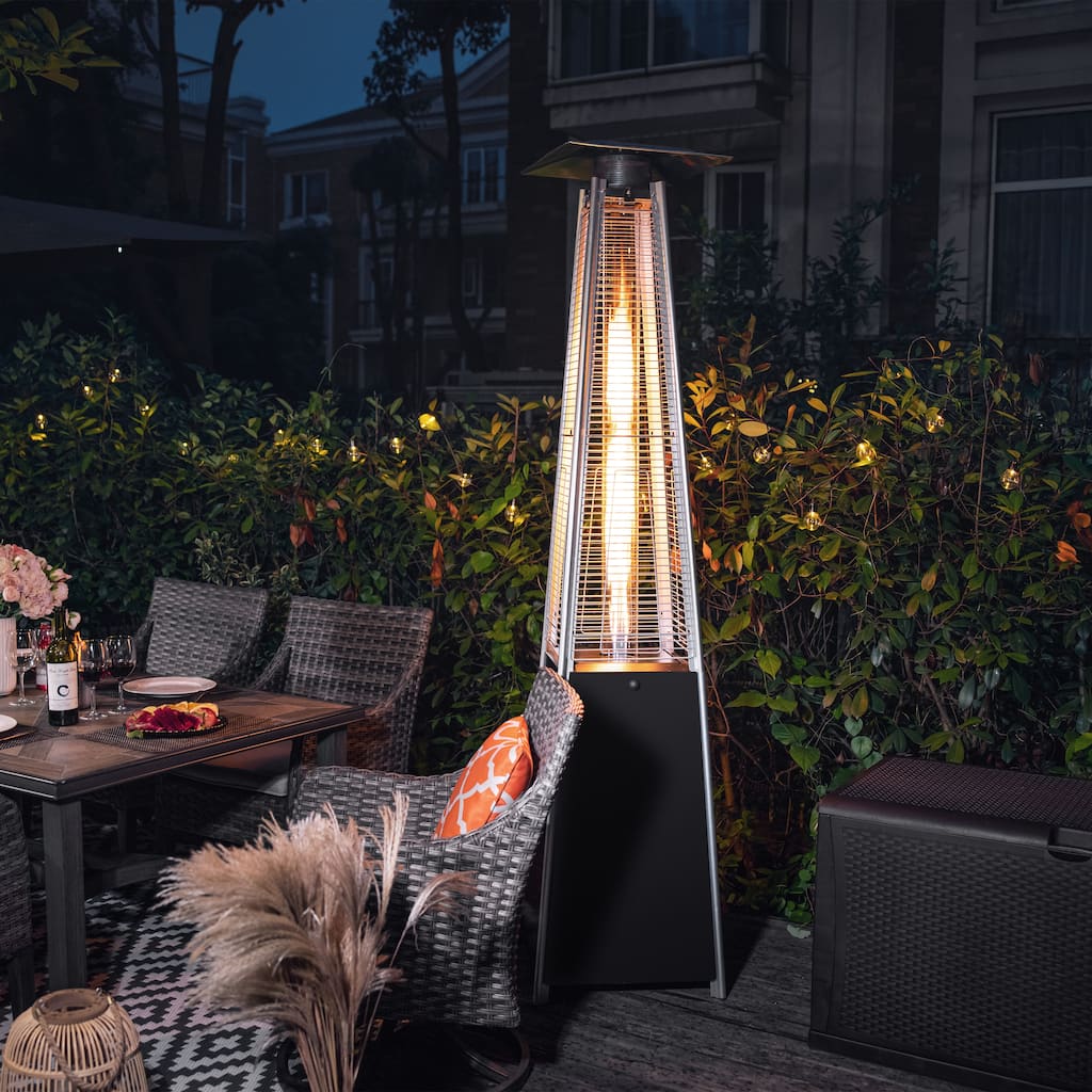 Outdoor 48,000 BTU Pyramid Propane Gas Patio Heater with Wheels, Glass Tube, Black