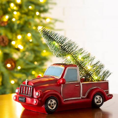 Glitzhome LED Lighted Red Truck Christmas Table Decor - 11"l*5.2"w*6"h