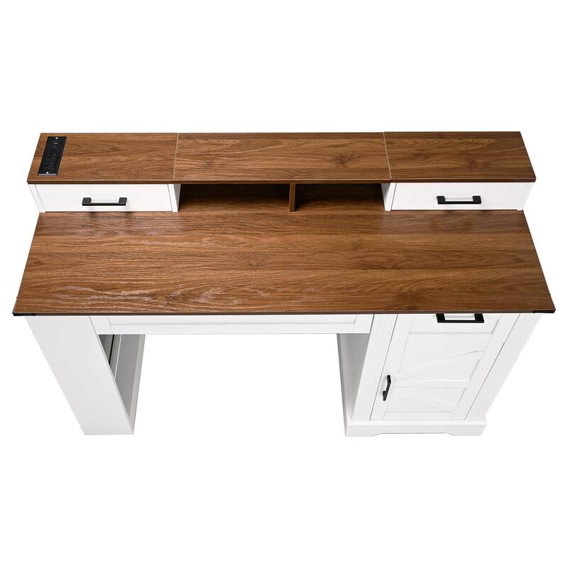 Roomfitters 55" Farmhouse Office Desk with Barn Door Cabinet, Pegboard & Charging Station