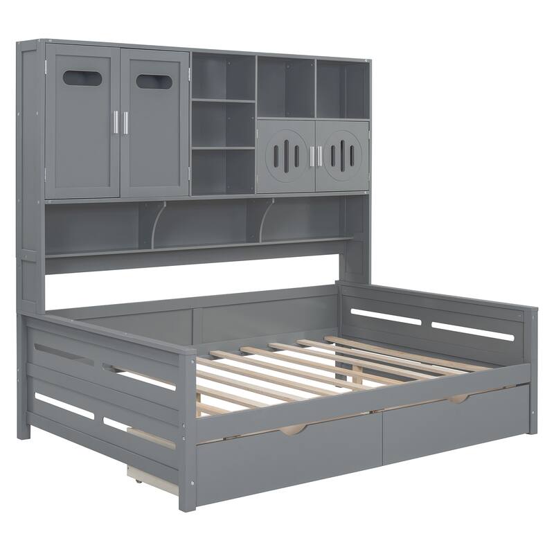 Contemporary Twin/Full Size Wooden Daybed with 2 Storage Drawers, Cabinet, and Shelf - Solid Wood Slats