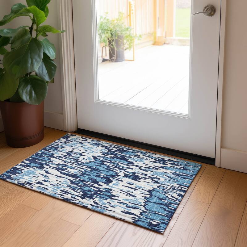 Machine Washable Indoor/ Outdoor Modern Watercolor Chantille Rug - Blue - 1'8" x 2'6"