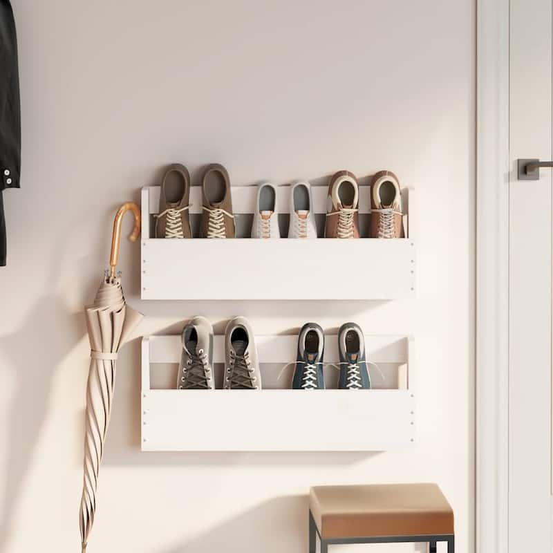 vidaXL Wall-mounted Shoe Rack Set of 2 White Solid Pine Wood - 3.5 x 23.2 x 9.1 in