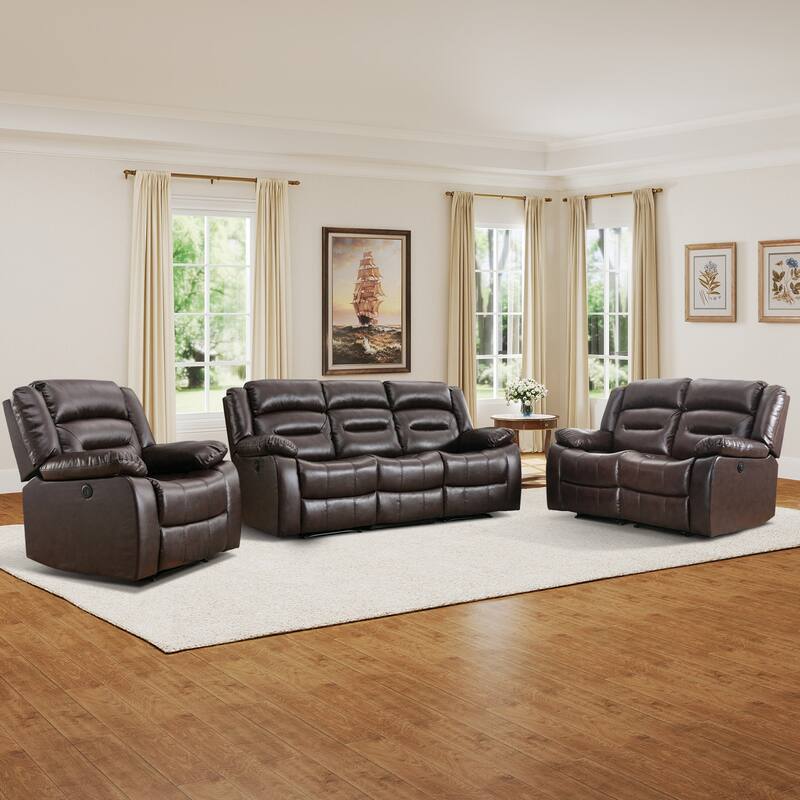 Faux Leather Power Loveseat Recliner, Electric Reclining Sofa with Overstuffed Armrests, 2-Seater Couch for Living Room - Brown 1+2+3set