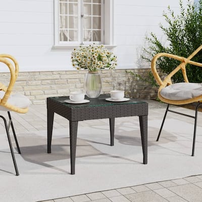 vidaXL Side Table Black/Brown 19.7"x19.7"x15" Poly Rattan and Tempered Glass - 19.7" x 19.7" x 15"