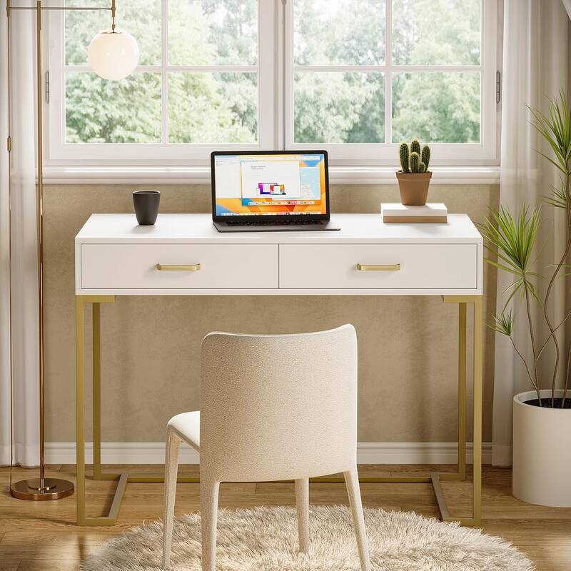 Modern Computer Desk with Drawers, Rectangular Writing Desk, Home Office Study Table Small Space Workstation for Bedroom