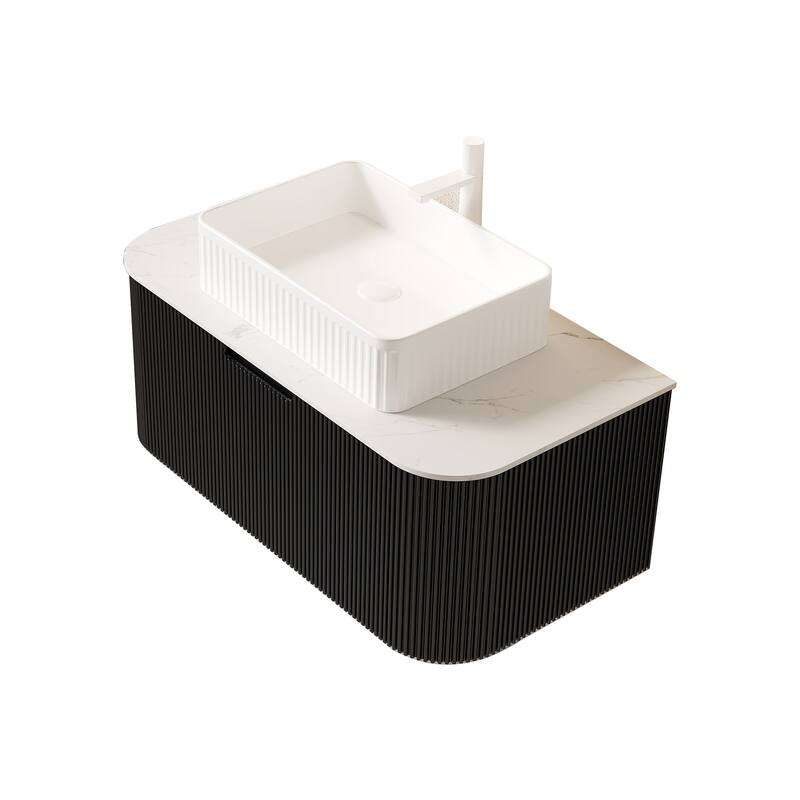 36" Bathroom Vanity Sink, Floating Curved Edges Striped Bathroom Storage Cabinet with Drawer, Rectangular Ceramic Basin Carrara