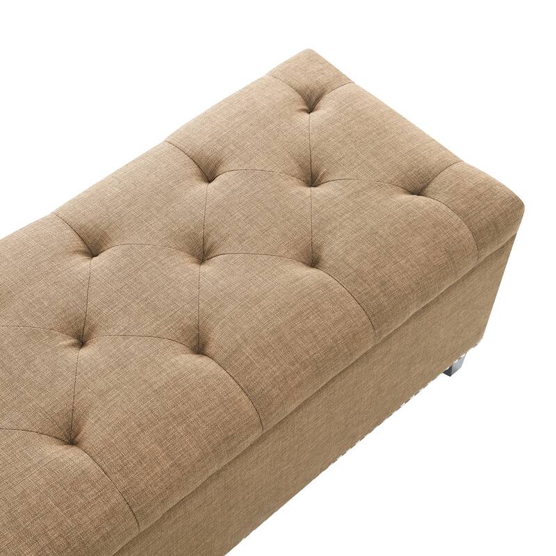 47.5" Storage Ottoman, Storage Bench with Safety Close Hinge, Linen Button-Tufted Ottoman for Living Room, Support 500lbs