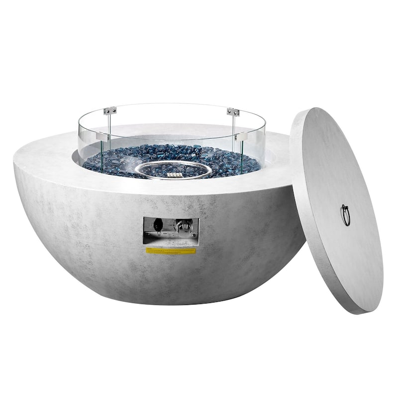 Grey Concrete Look Fire Pit Table with Glass Cover and Wheels - 39.37“x39.37”x20.59" - Grey