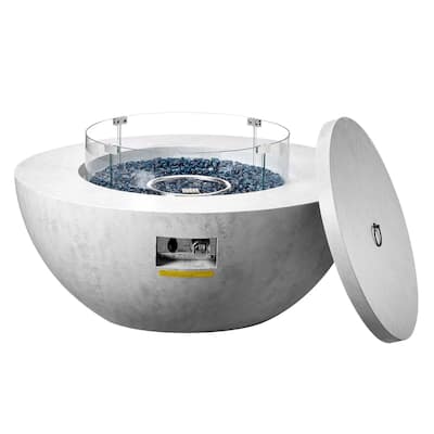 Grey Concrete Look Fire Pit Table with Glass Cover and Wheels - 39.37“x39.37”x20.59"