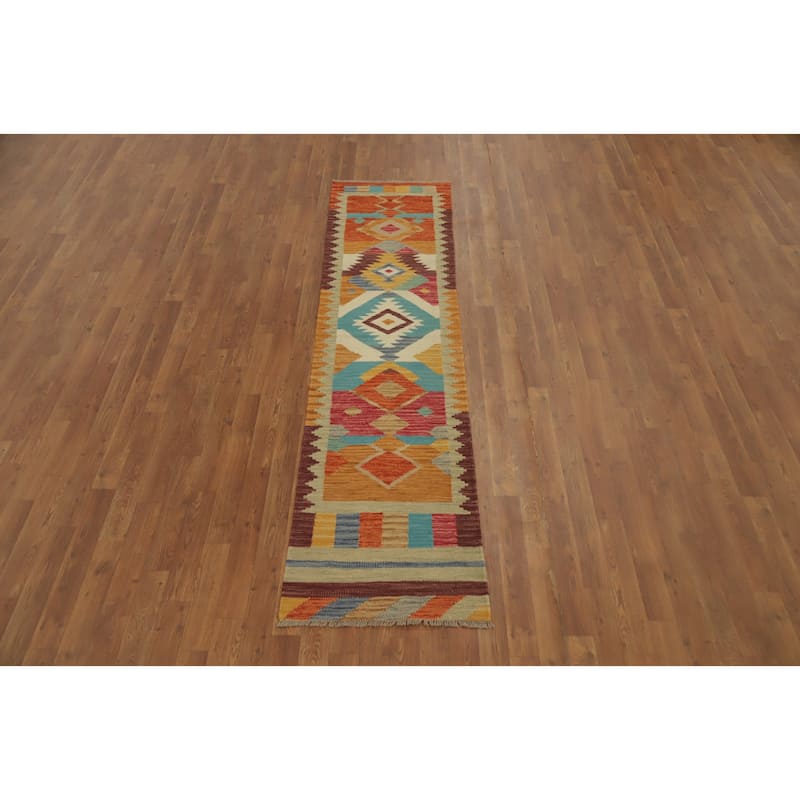 Hand Woven Oriental 100% Wool Carpet Southwestern Tribal Multi-Colored Kilim Runner Rug - 8' 2'' X 2' 0''
