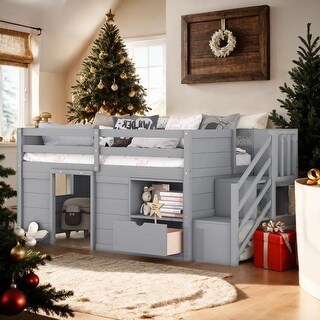 Twin Size Kid Low Loft Bed With Shelves, Ladder and Drawers, Grey