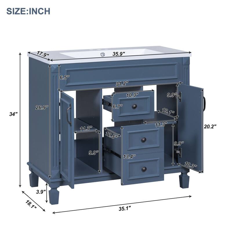 36'' Freestanding Bathroom Vanity with Integrated Ceramic Sink and Drawers