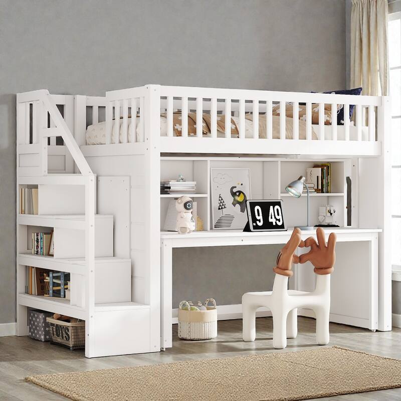 Loft Bed with Movable Desk, Storage Stairs & Shelves, Solid Wood Twin/Full High Loft Bed with Study Area & Safety Guardrails - White - Twin