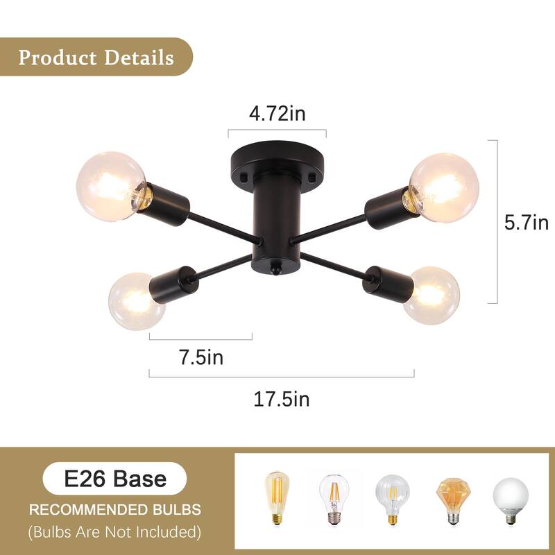4-Light Modern Semi Flush Mount Chandelier for Bedroom Study Room