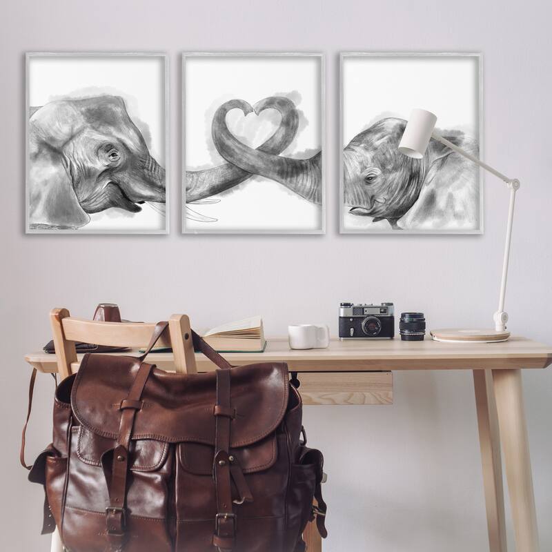 Stupell Elephant Trunk Heart Jungle Animal Illustration, 3pc Multi Piece Framed Wall Art Set
