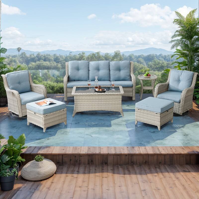 Gymojoy 7 Piece Outdoor Sofa Swivel Rocker Chairs Set Weather-resistance - Light Grey - Baby Blue