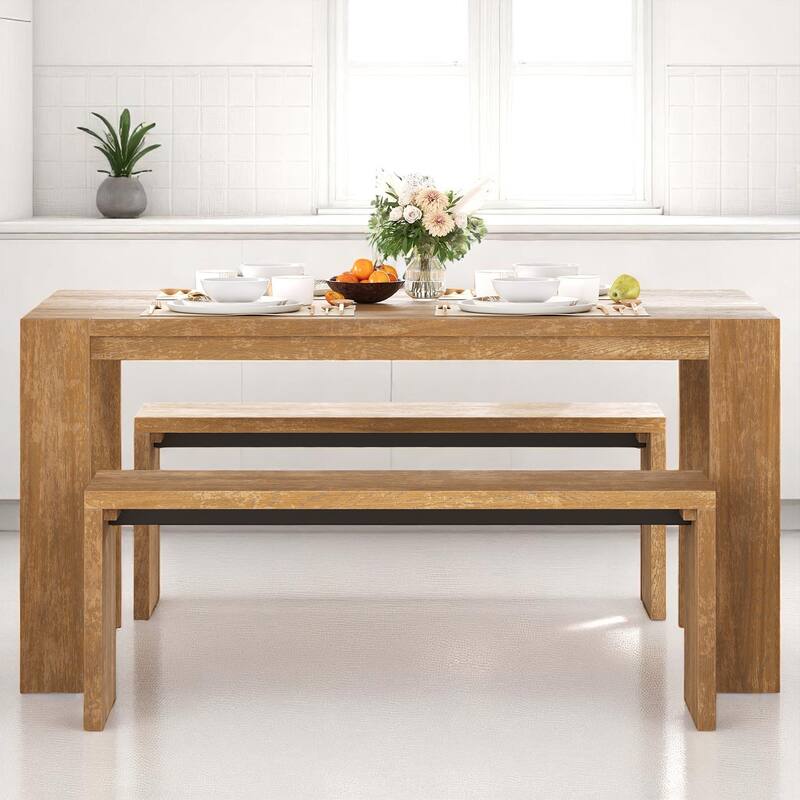 Rectangular 3-Piece Dining Set with Benches, Farmhouse Kitchen Table Set for 6, MDF & Rubber Wood