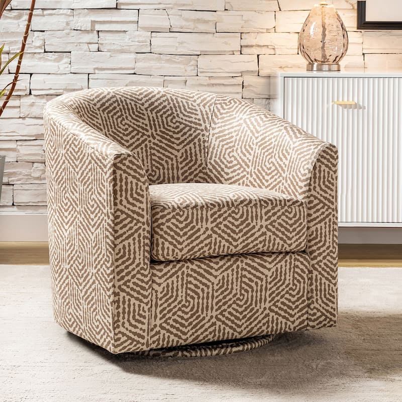 Cuenca Modern Living Room Wooden Upholstered 360° Swivel Barrel Chair with Metal Base and Wide Backrest - Tan