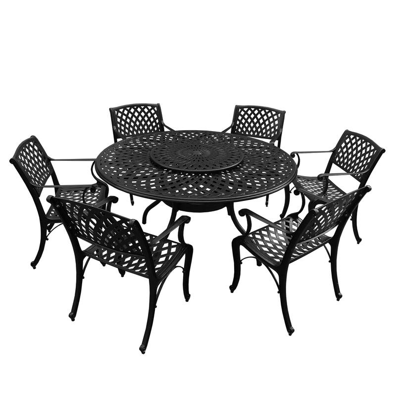 Outdoor Lattice 59-in. Round Dining Set with Lazy Susan and Six Chairs - Black