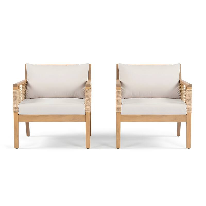 Roomfitters Set of 2 Patio Club Chairs, Outdoor Wood Lounge Chair with Upholstered Cushions, Rope Weave, Teak+ Beige