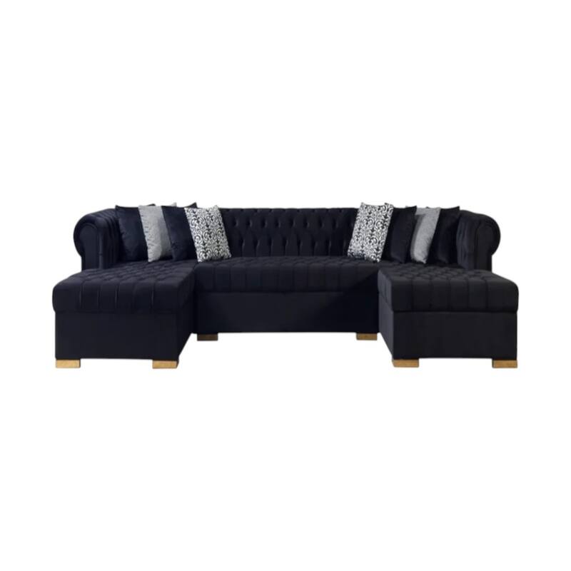 HomeRoots Black Velvet U Shaped Three Piece Sofa and Chaise Sectional With Toss Pillows
