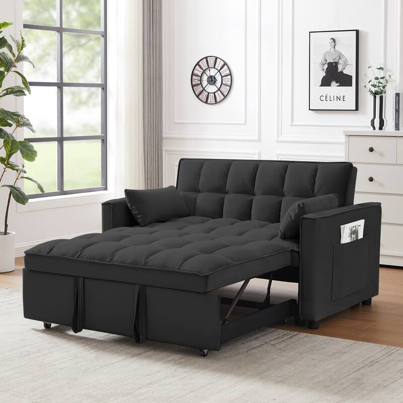 Modern Velvet Loveseat Futon Sofa Couch Pullout Bed,Small Love Seat - Black