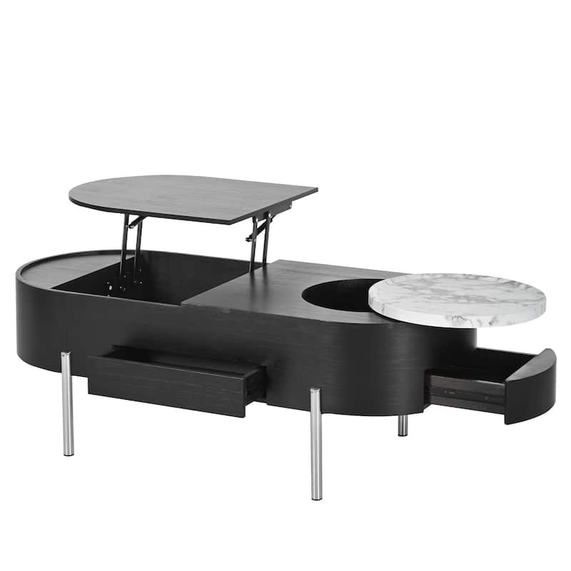 47.2" Lift Top Coffee Table with 360° Rotating Tray - Marble-Patterned Modern Oval Table with Hidden Compartment for Living Room