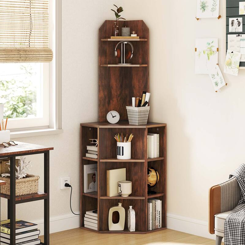 Costway 6-Tier Corner Shelf 63" Tall Corner Bookshelf with 2 USB Ports - See Details