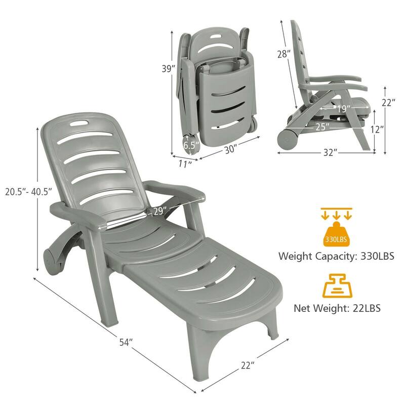 5 Position Adjustable Folding Lounger Chaise Chair on Wheels - 30" x 29" x 41" (L x H x W)