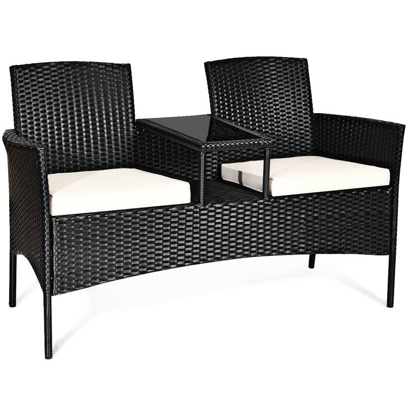2-Piece Black Wicker Patio Set with White Seat Cushions and Tempered Glass Chat Table - 54.5" x 24" x 33" (L x W x H)