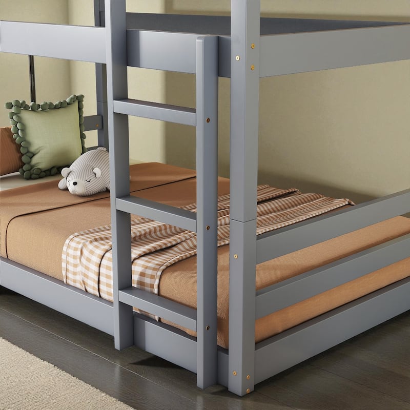 Twin Over Twin Over Twin Rubber Wood Triple Bunk Bed with Guardrails and Two Built-in Ladders, Detachable 3-Tier Bed Frame
