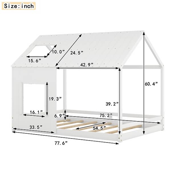 dimension image slide 3 of 4, Full House Bed with Roof & Window - Pine Wood Support for Kids