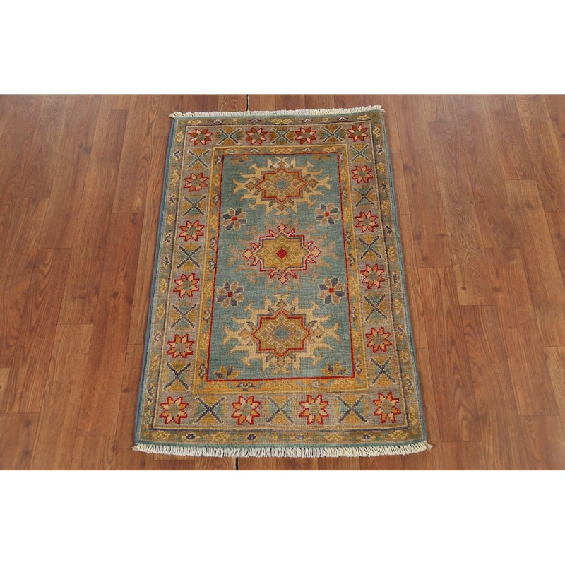 Light Blue Kazak Accent Rug Hand-Knotted Geometric Wool Carpet - 2'1"x 2'10"