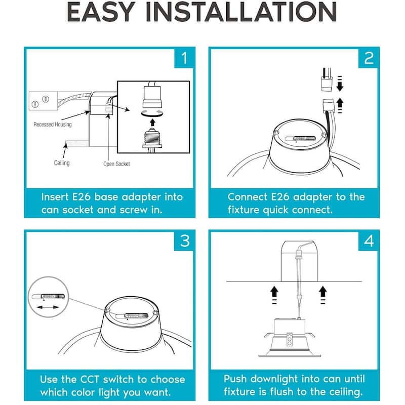 Luxrite 4" LED Recessed Can Lights 10W=60W 5 Color Selectable Dimmable Retrofit Downlights Wet Rated Black Trim 4 Pack