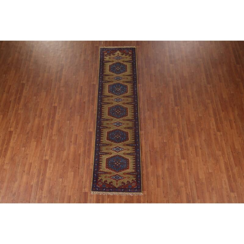 Geometric Green Viss Oriental Runner Rug Handmade Wool Carpet - 2'6"x 9'8"